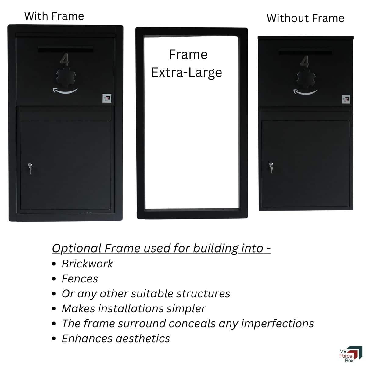 Built-In Frame for the Extra-Large Parcel Box, shown alone and alongside the box with and without the frame.