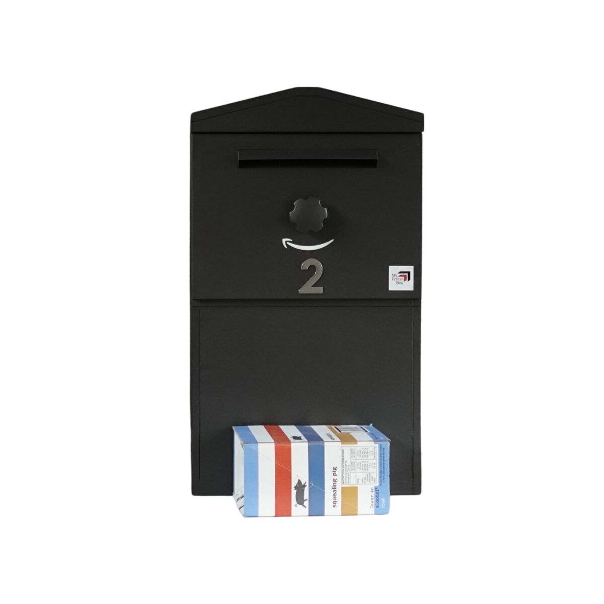 A Large parcel box in Charcoal with a pitched roof, shown against a white background with a wine carton in front for size comparison.