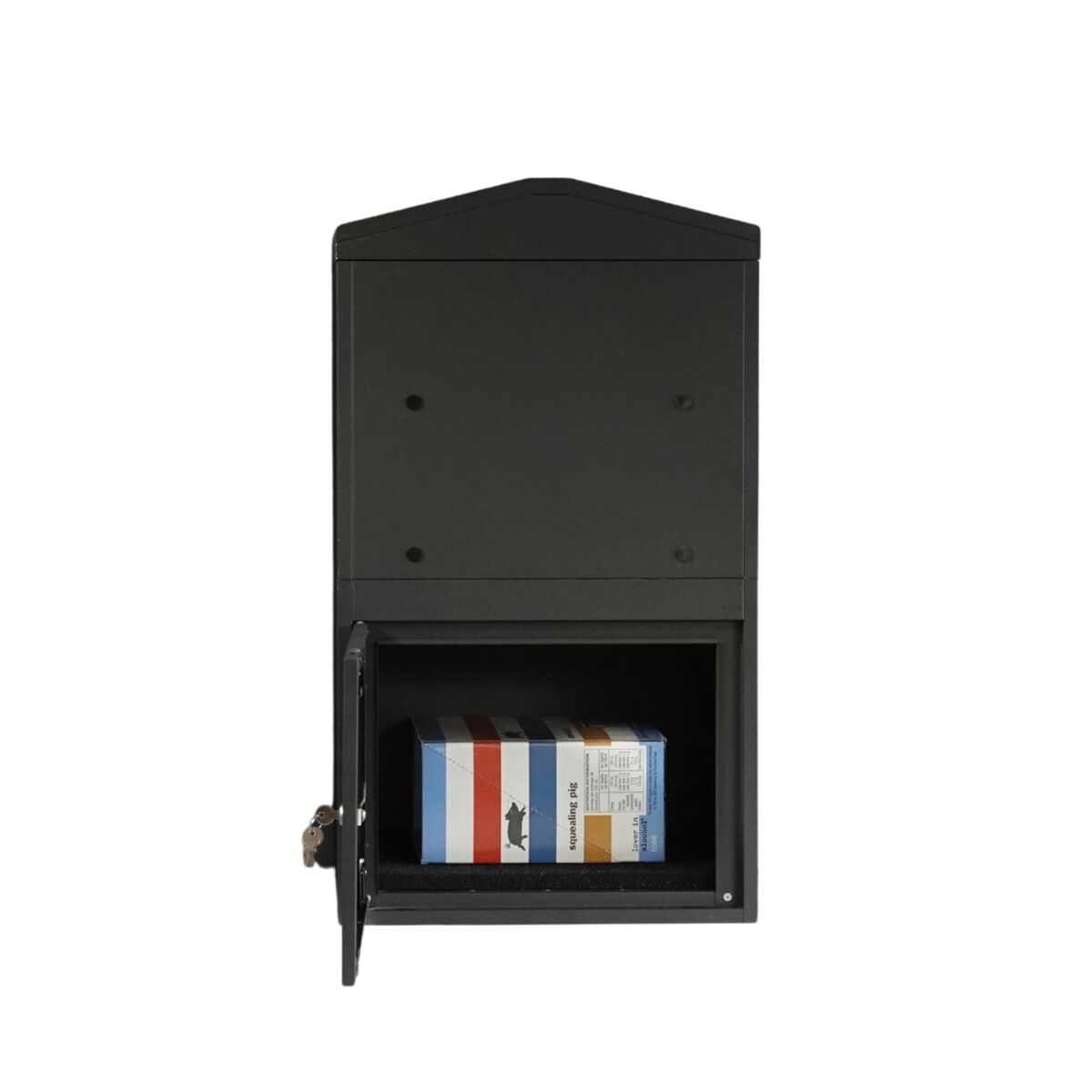 A Large parcel box in Charcoal with a pitched roof, rear view with the collection door open and a wine carton inside the storage compartment.